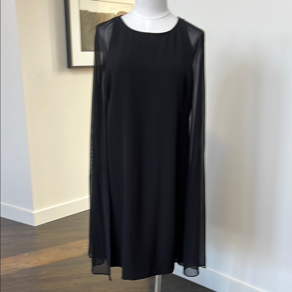 Elegant Black Sleeveless Dress with Sheer Cape